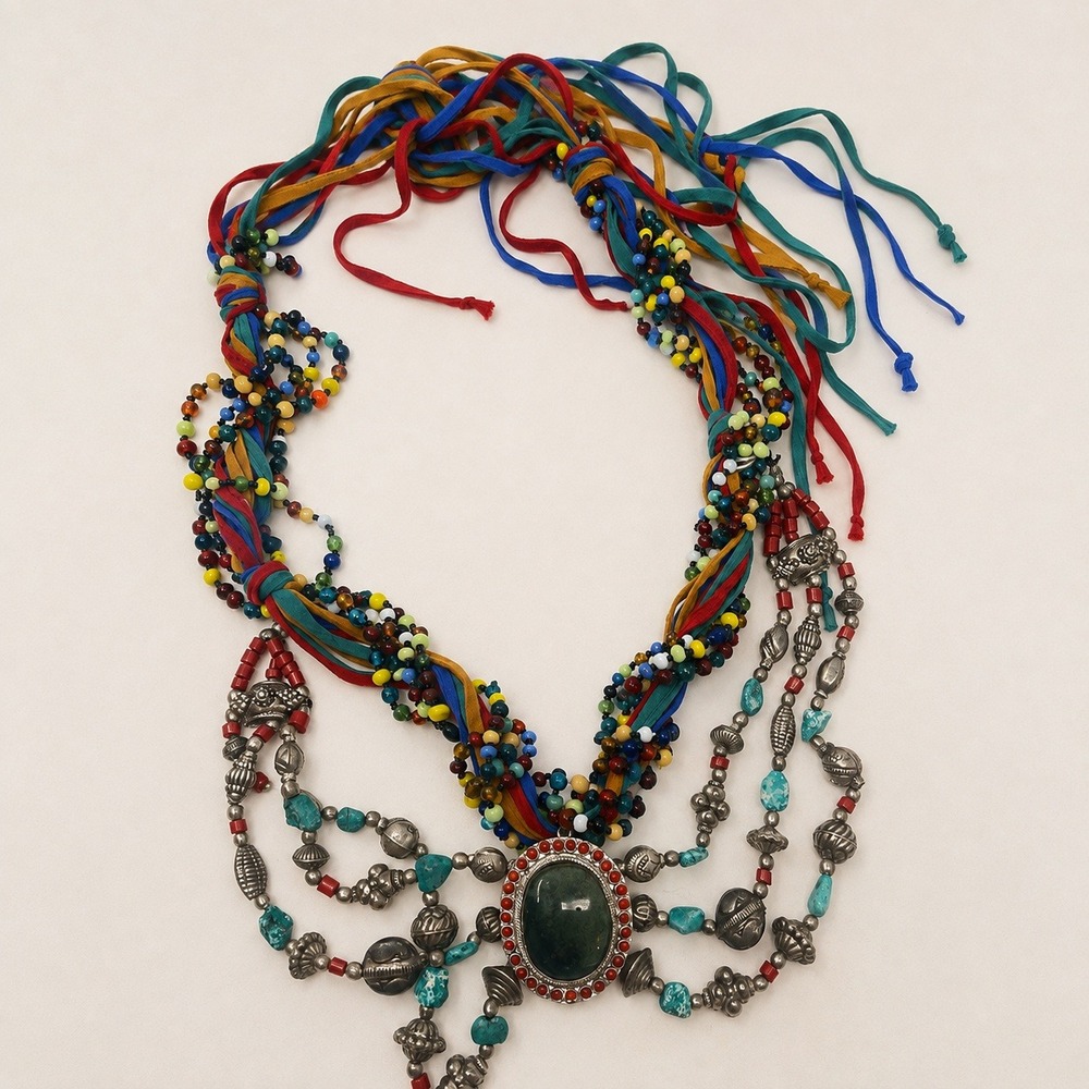 Southwestern‎ Boho Tribal Multi-Strand Beaded Statement Necklace Green Stone Gem